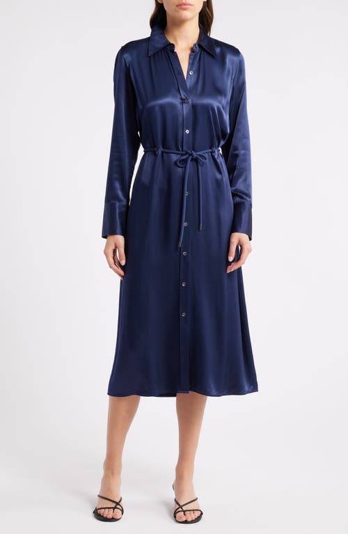 Shop Rails Anina Tie Waist Long Sleeve Satin Shirtdress In Navy