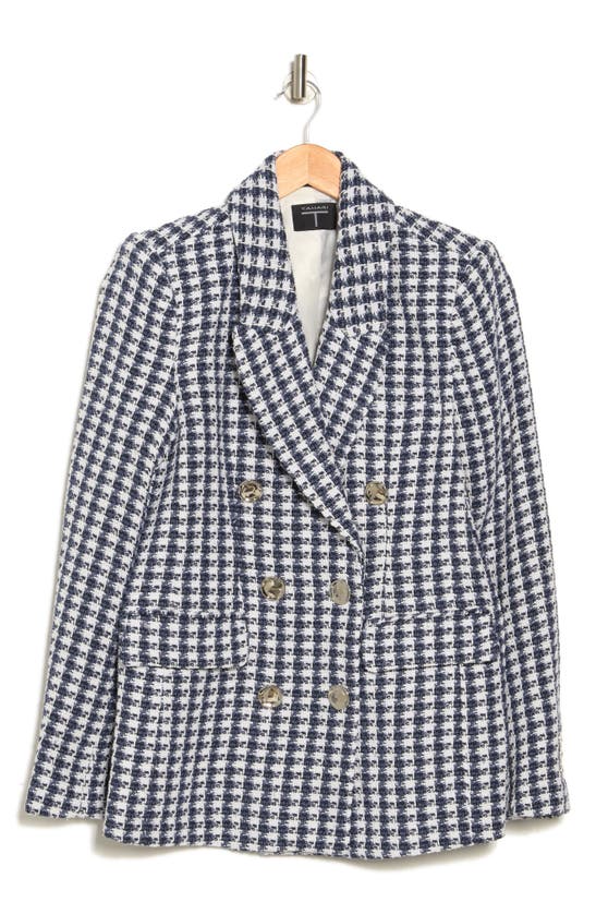 T Tahari Bouclé Houndstooth Double Breasted Blazer In Blue/ White ...