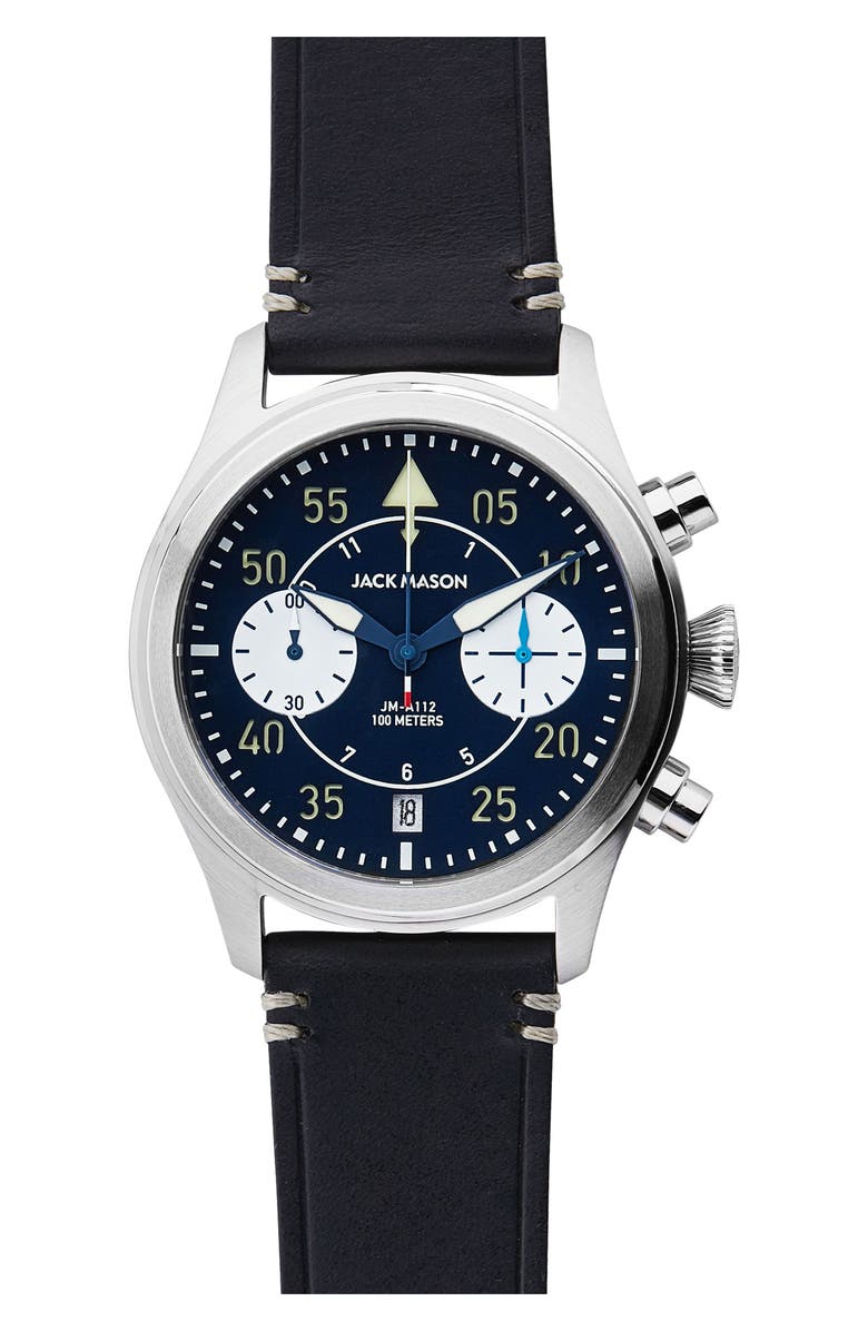 JACK MASON Aviation II Chronograph Leather Strap Watch, 42mm, Main, color, NAVY/ NAVY