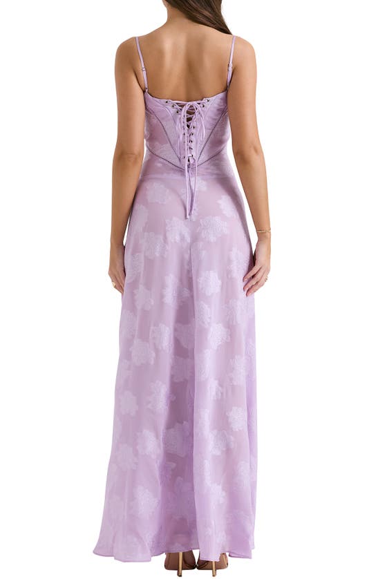 Shop House Of Cb Seren Blush Sheer Lace-up Back Gown In Orchid Bloom