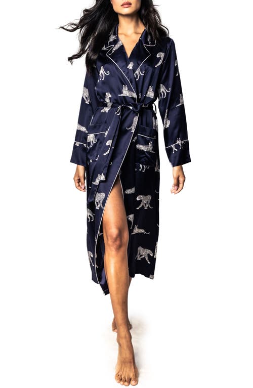Petite Plume Panthre de Nuit Piped Silk Robe in Navy
