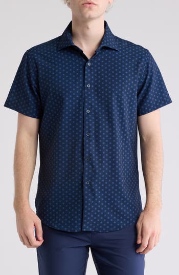 Denim And Flower Geo Print Short Sleeve Button-up Shirt In Blue