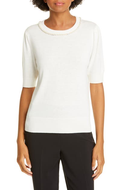 Kate Spade Imitation Pearl And Crystal Pave Detail Sweater In French Cream