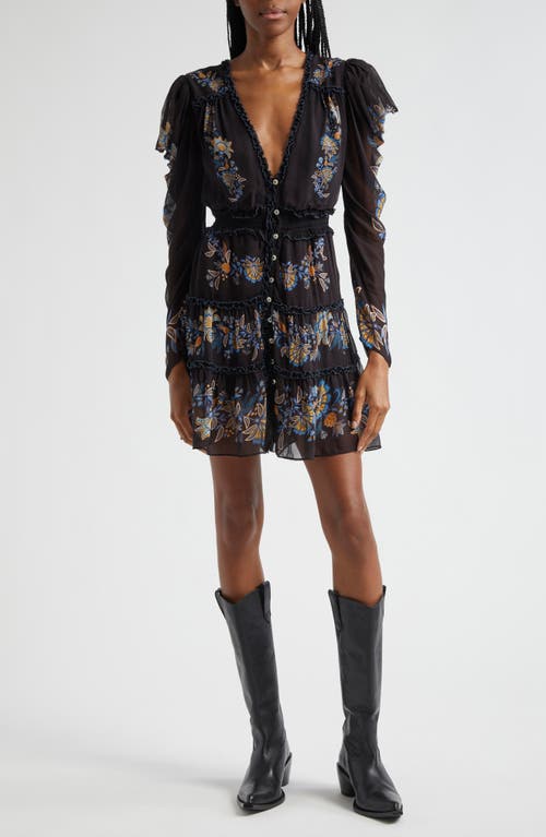 FARM Rio Garden Stitched Long Sleeve Button Front Minidress Black at Nordstrom,