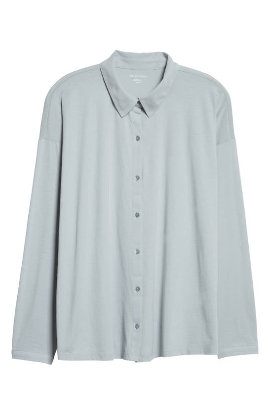 Eileen Fisher Long Boxy Organic Cotton Jersey Button-up Shirt In Frost
