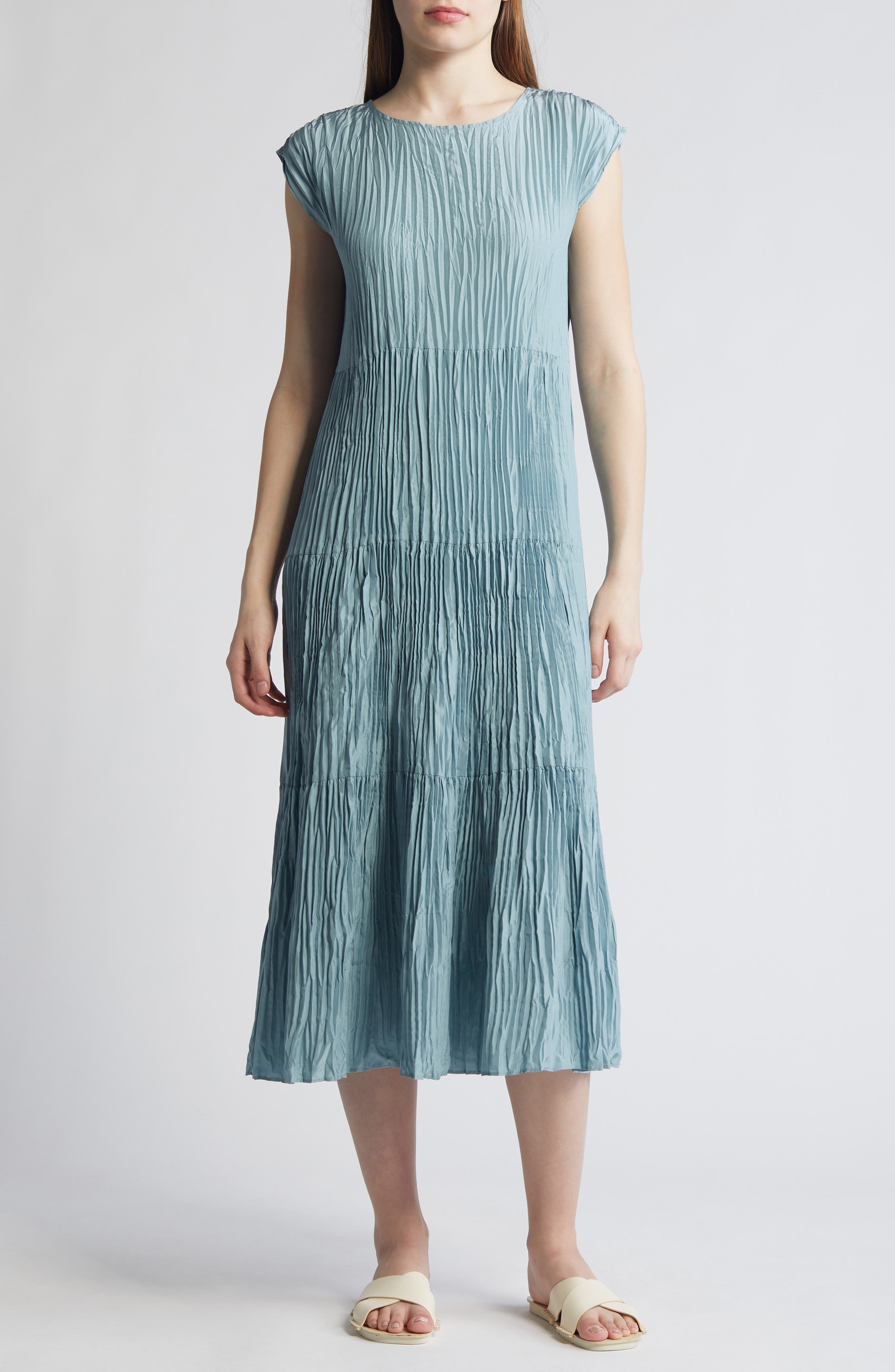 open lace back dress Eileen Fisher Size XL Tiered Pleated Silk Maxi Dress - Luxury Used Designer  Dresses main image 1