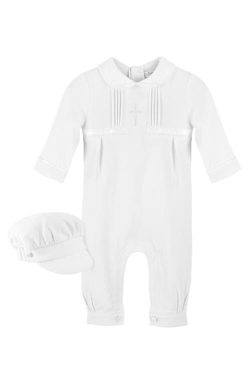 Carriage Boutique Cross Embroidered Christening Romper & Newsboy Cap Set White at Nordstrom,