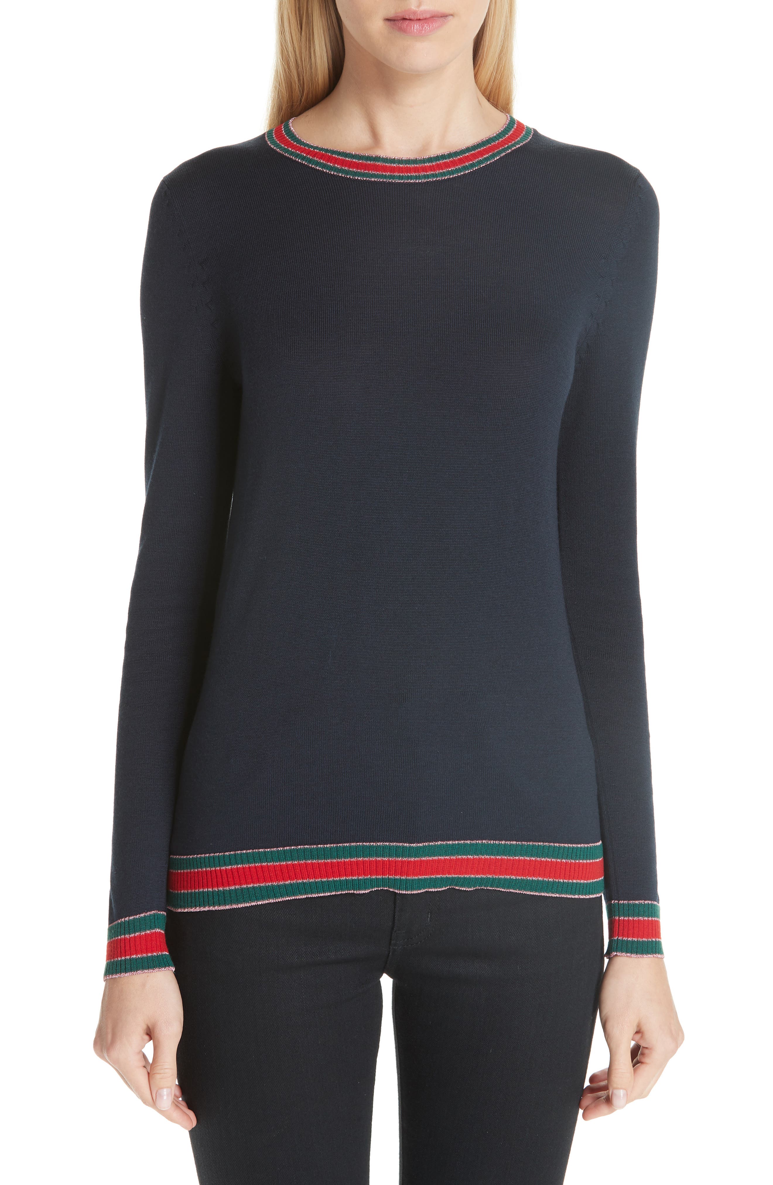 Gucci Stripe Trim Wool Sweater, Blue