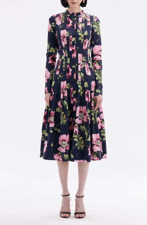 Shop Oscar De La Renta Paneled Poppy Print Long Sleeve Midi Shirtdress In Navy/pink