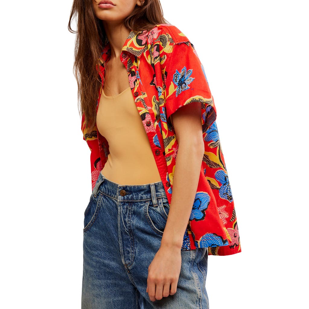 Free People Retro Tropics Palm Print Short Sleeve Button-up Shirt In Red Combo