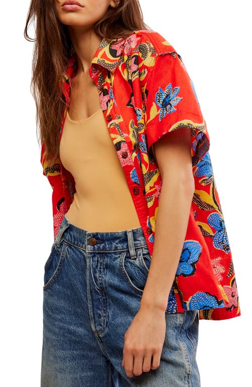 Free People Retro Tropics Palm Print Short Sleeve Button-Up Shirt Red Combo at Nordstrom,