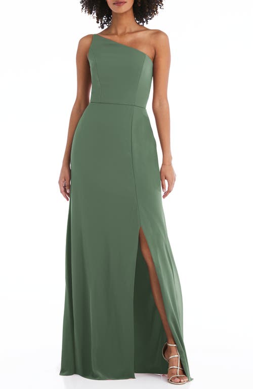 After Six One-Shoulder Crepe Trumpet Gown in Vineyard Green