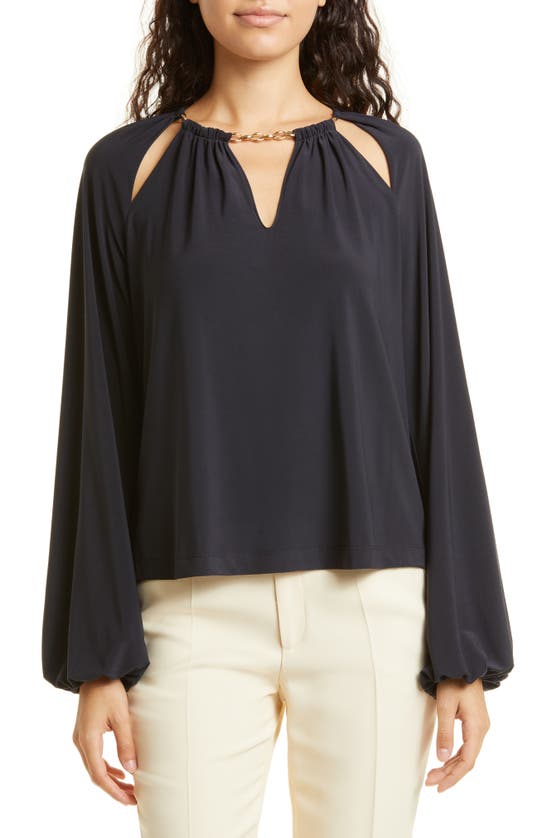 Shop Ramy Brook Varinda Balloon Sleeve Chain Neck Cutout Blouse In Black