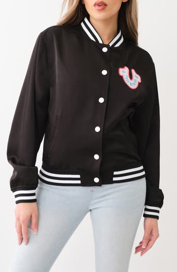 True Religion Brand Jeans Satin Varsity Jacket In Black