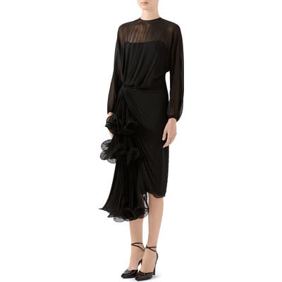 Gucci Draped Silk Georgette Long Sleeve Midi Dress, US / 40 IT - Black