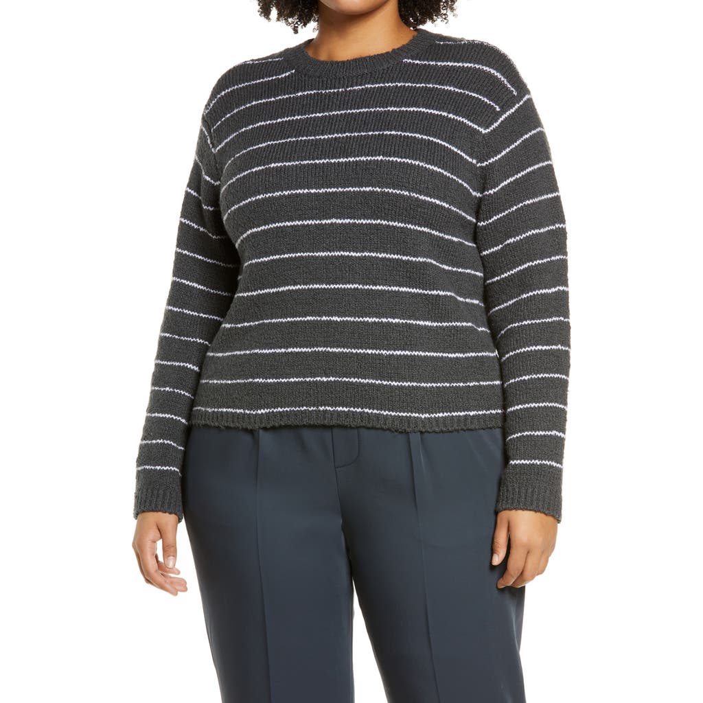 Vince Stripe Pebbled Organic Cotton Blend Sweater In Dark Tide/optic White