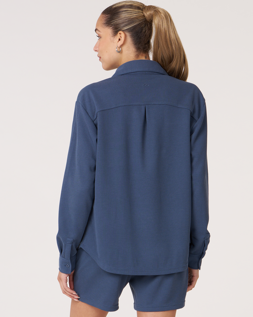 Shop Rebody Active Retreat Waffle Button Down Shirt In Navy