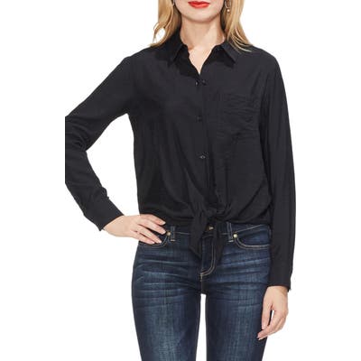 Vince Camuto Tie Front Rumple Satin Shirt, Black