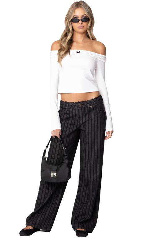 Edikted Stripe Lace Trim Low Rise Wide Leg Jeans In Black