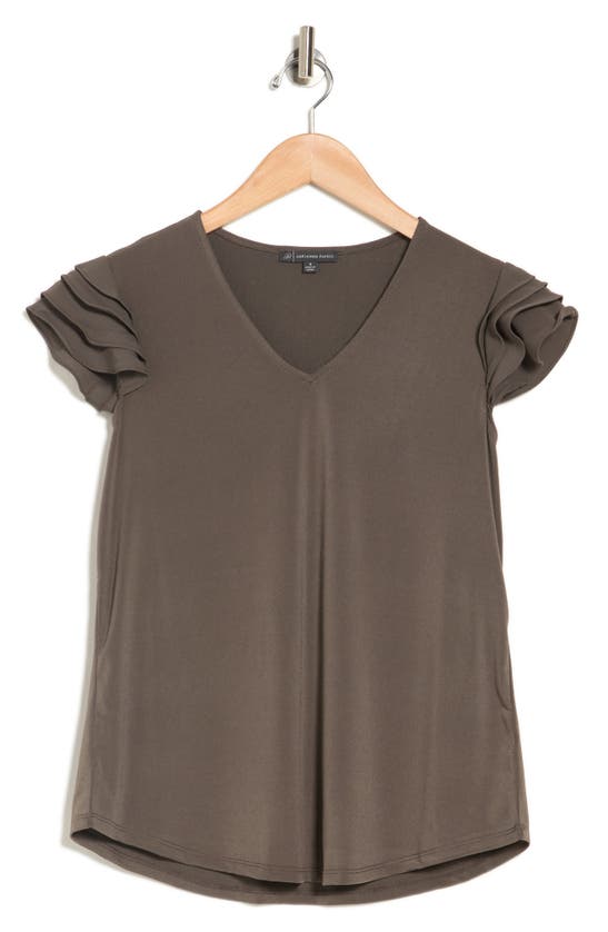 Adrianna Papell V-neck Tiered Ruffle Sleeve Crepe Knit Top In Fatigue