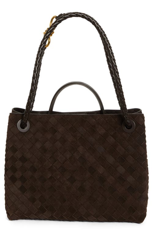 Shop Bottega Veneta Medium Andiamo Intrecciato Suede Shoulder Bag In 2272 Fondant-m Brass-fond