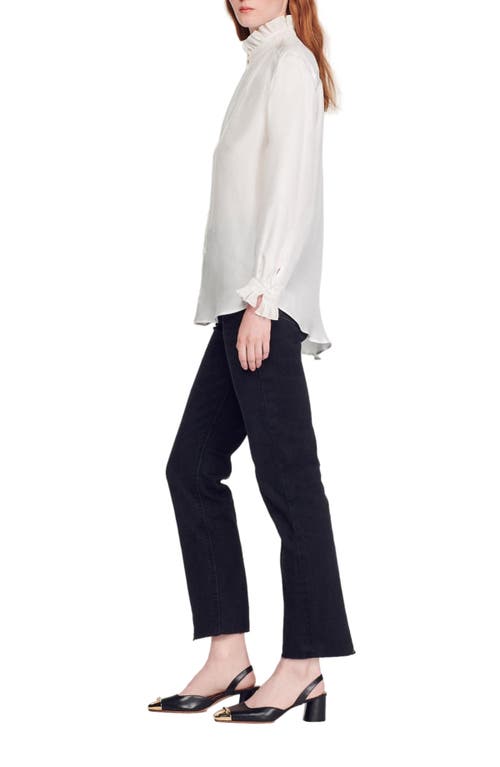 Shop Sandro Silk Shirt With Gathered Collar In Ecru