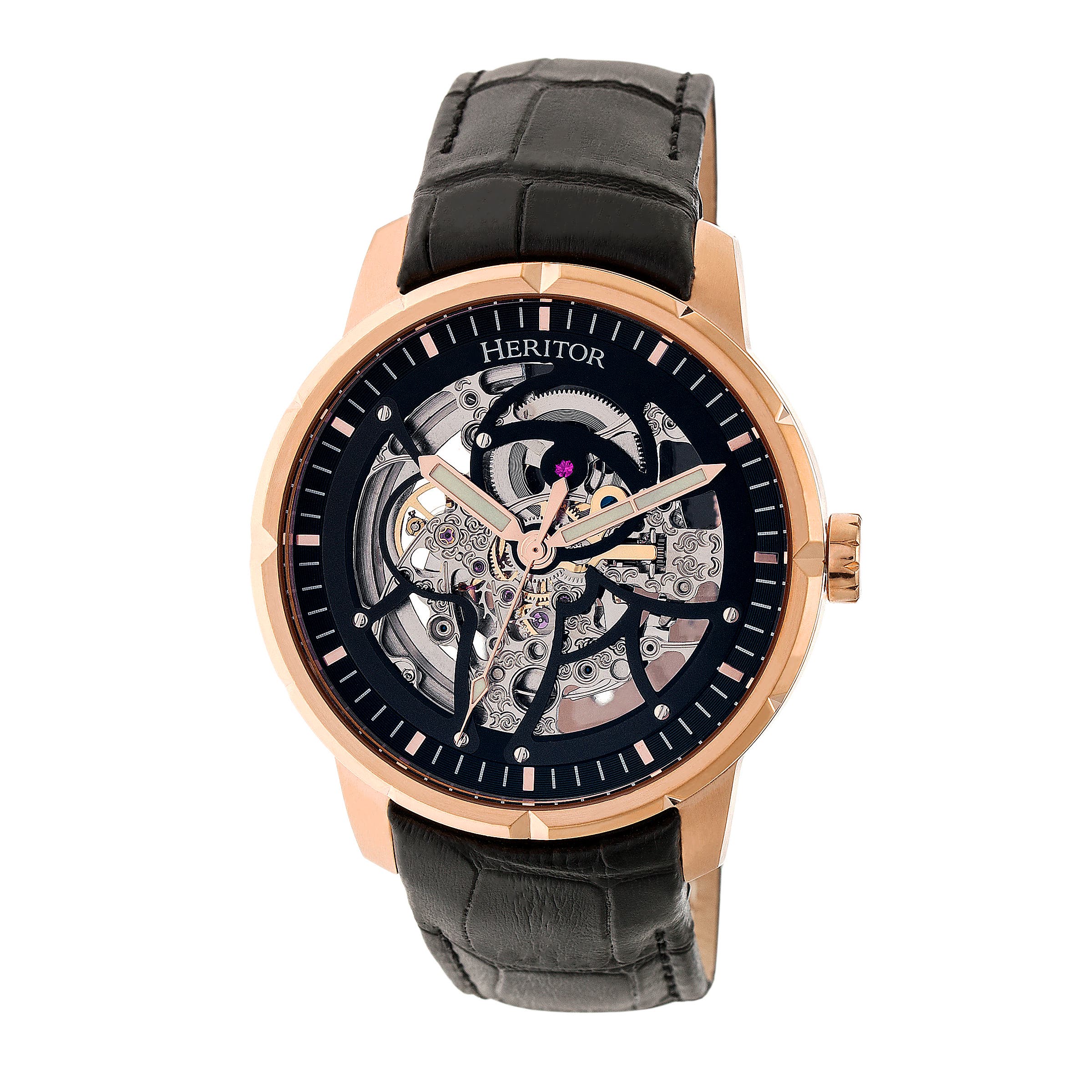 Heritor Automatic Ryder Skeleton Leather-Band Watch in Black/rose Gold Cover