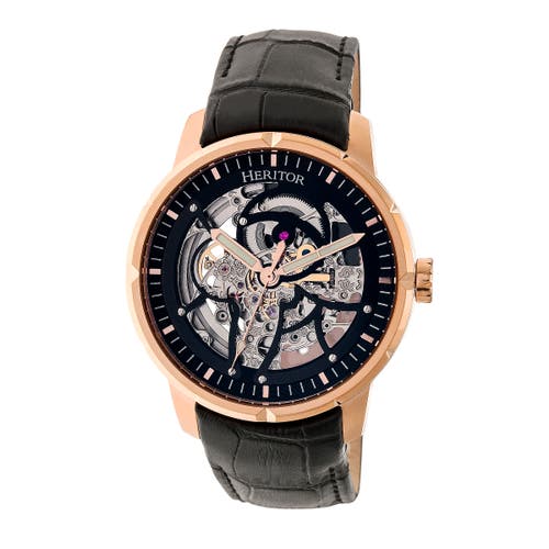 Shop Heritor Automatic Ryder Skeleton Leather-band Watch In Black/rose Gold