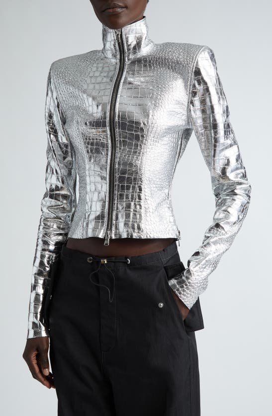Shop Laquan Smith Croc Embossed Metallic Leather Jacket In Silver