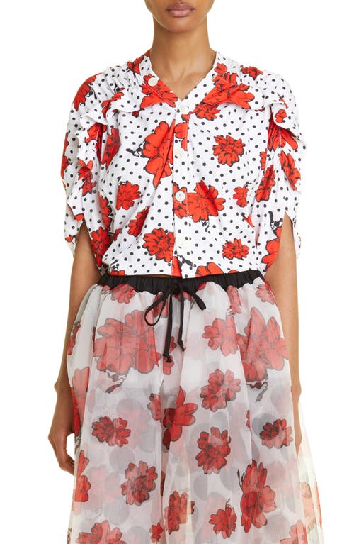 Tao Comme des Garçons Floral & Polka Dot Draped Cotton Button-Up Top in 1 White/Black/Red