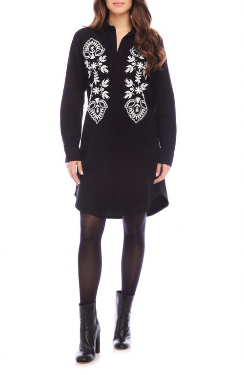 Shop Karen Kane Embroidered Long Sleeve Cotton & Linen Shirtdress In Black