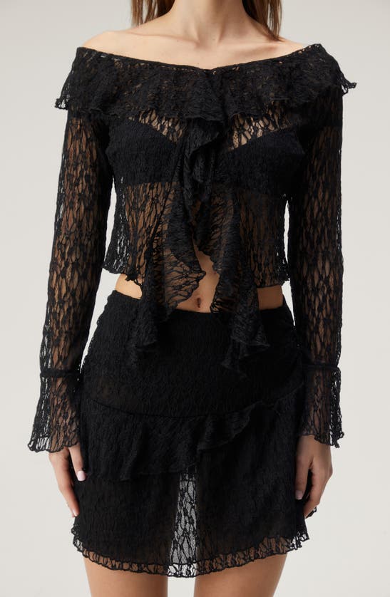 Nasty Gal Sheer Lace Ruffle Off The Shoulder Crop Top In Black