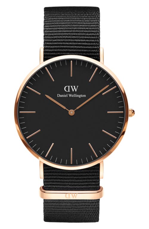 Daniel Wellington Men's Classic Cornwall Black Polyester Watch 40mm In Rose Gold/black