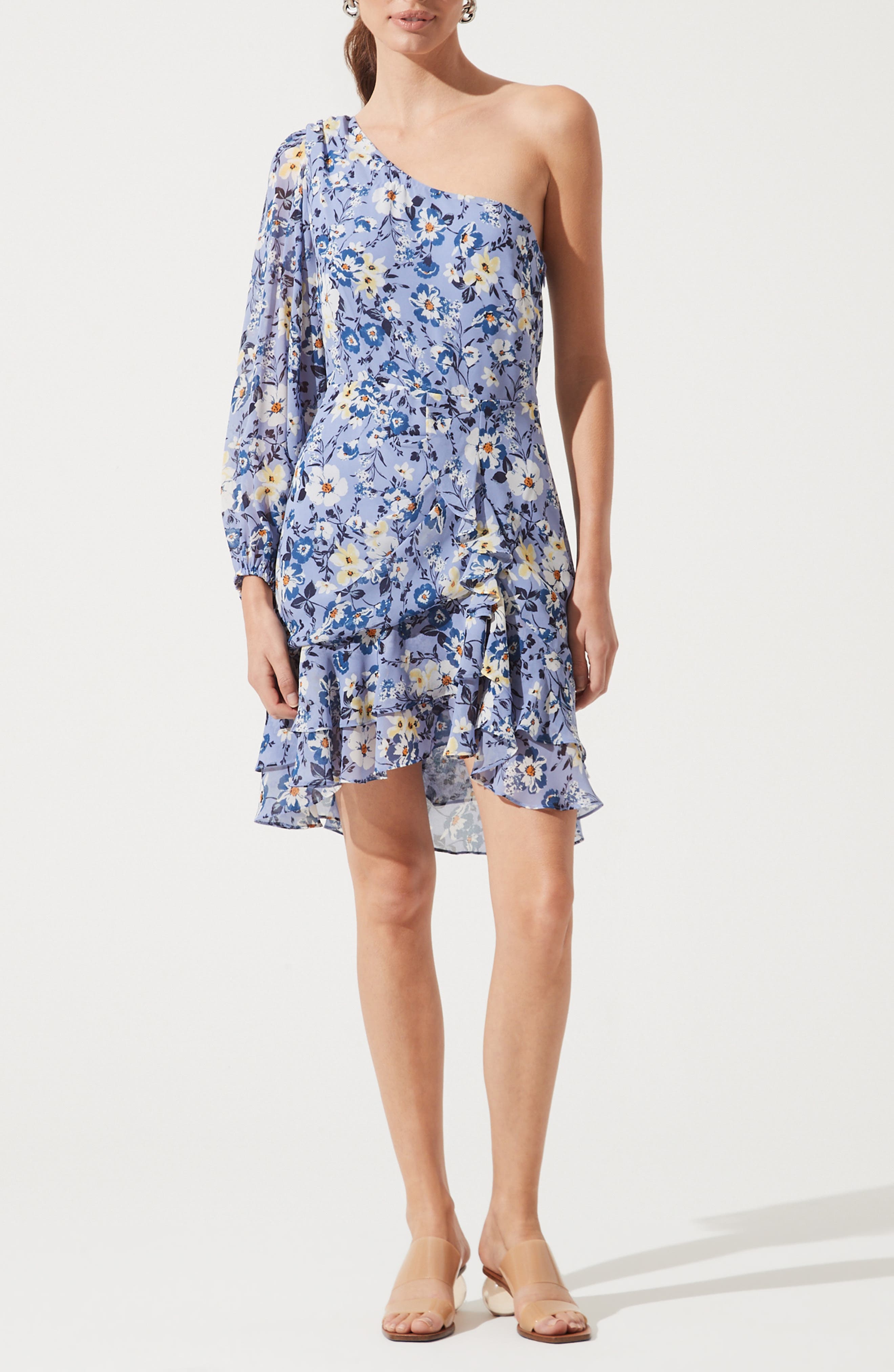 one shoulder blue floral dress