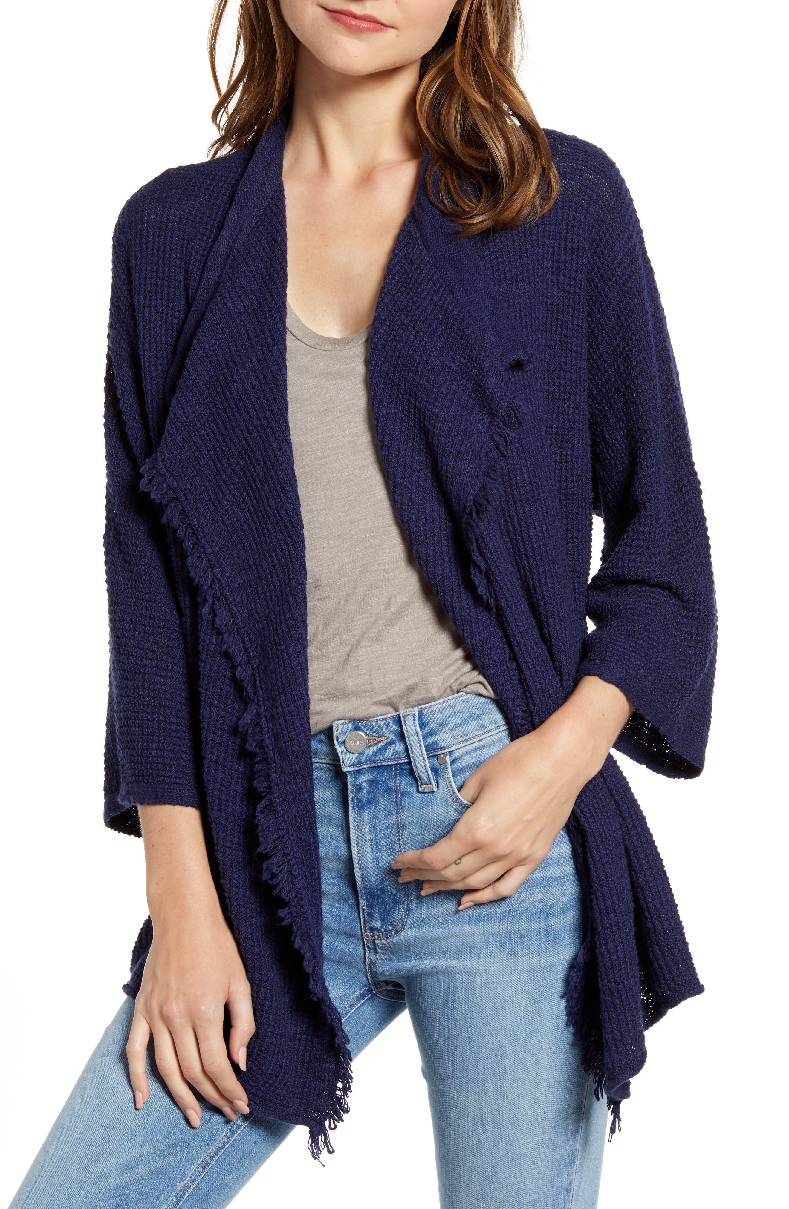 Caslon Drape Front Cotton Blend Cardigan, Blue