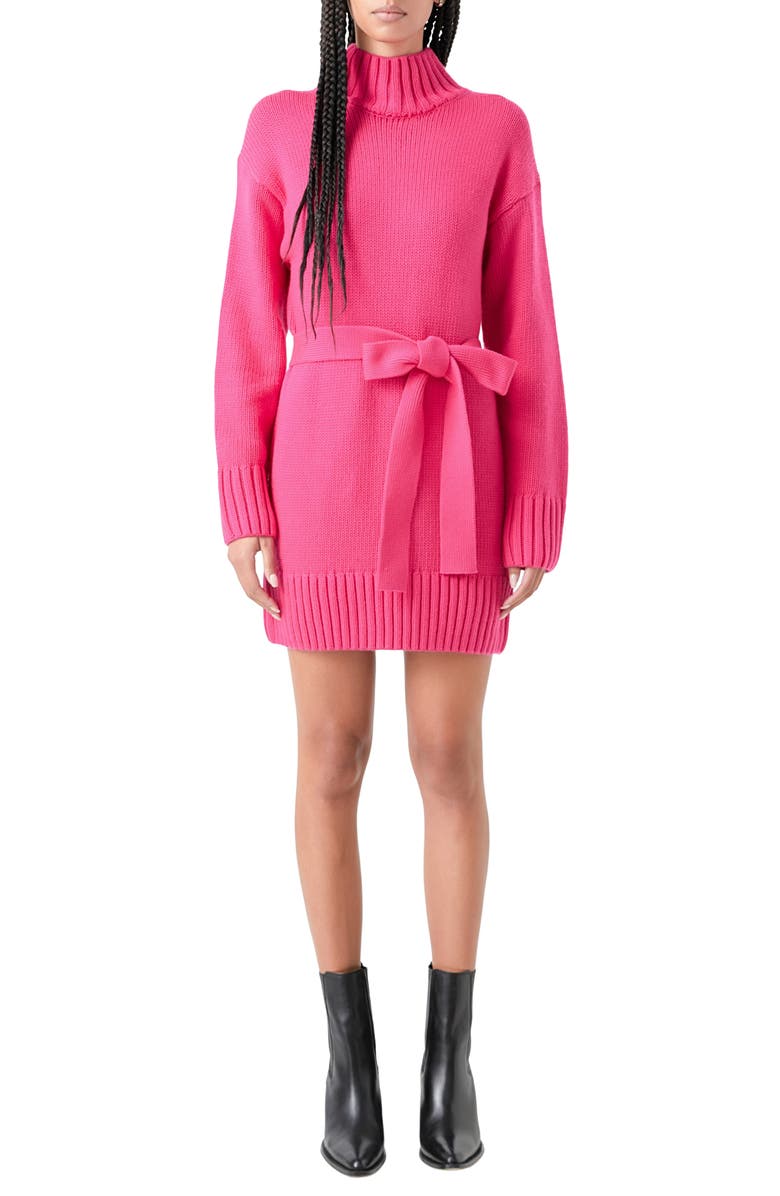 Grey Lab Tie Belt Long Sleeve Sweater Minidress, Main, color, Fuchsia