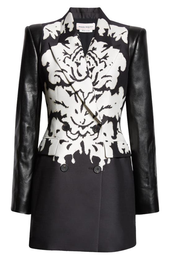 Shop Alexander Mcqueen Damask Jacquard Double Breasted Long Sleeve Minidress In Black/ Ivory