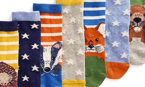 Shop Boden Kids' Assorted 7-pack Crew Socks In Woodland Animals