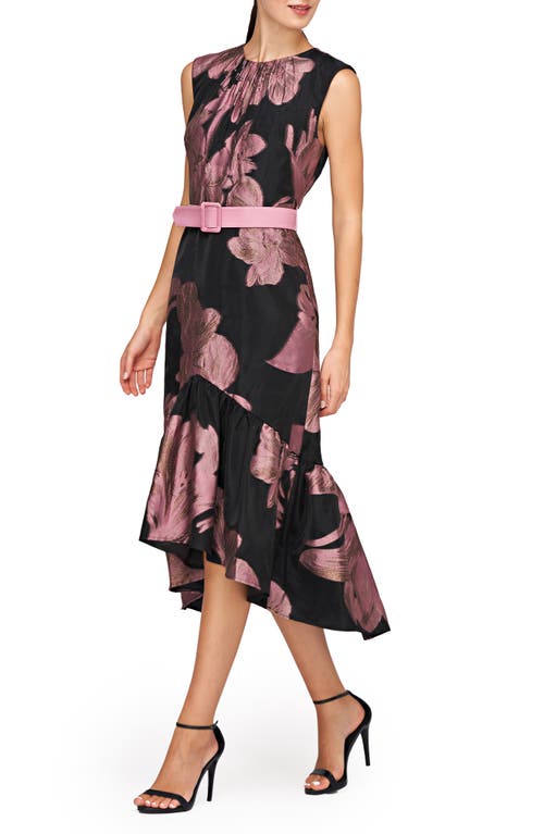 Shop Kay Unger Beatrix Belted Floral High-low Cocktail Dress In Black/primrose