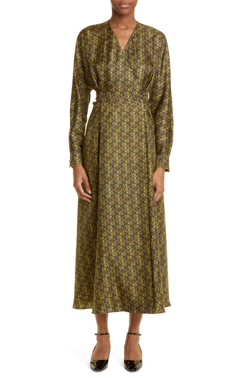 Corone Geo Logo Print Long Sleeve Silk Wrap Dress in Olive Green