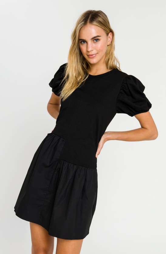 Shop English Factory Puff Shoulder Mixed Media Minidress In Black