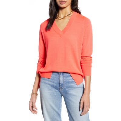 Halogen V-Neck Merino Wool Blend Sweater, Coral