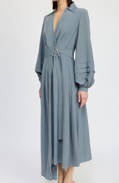 Shop En Saison Berenger Stripe Long Sleeve Asymmetric Wrap Shirtdress In Navy Tonal