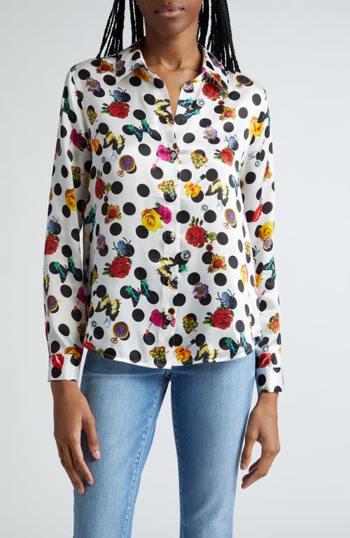 L'AGENCE Tyler Floral Polka Dot Silk Button-Up Shirt White Multi Crystal at Nordstrom,