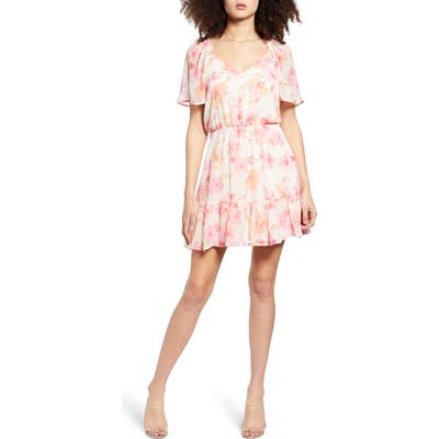 All In Favor Floral Print Button Front Minidress, Ivory