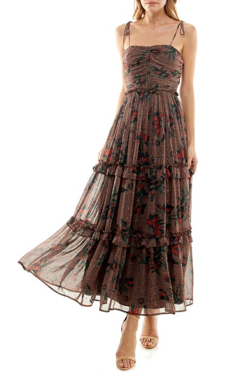Shirred Metallic Maxi Dress in Brown-Red Floral