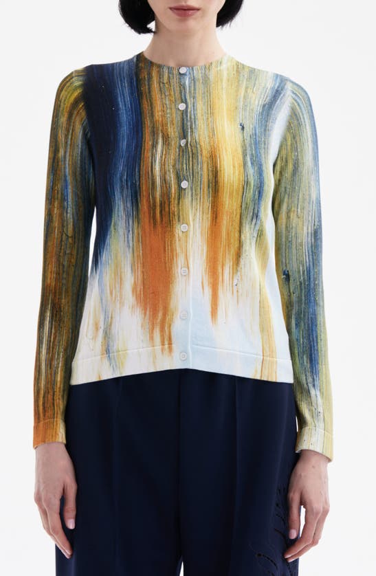 Shop Oscar De La Renta Brushstroke Print Cotton Blend Cardigan In Calendula Multi