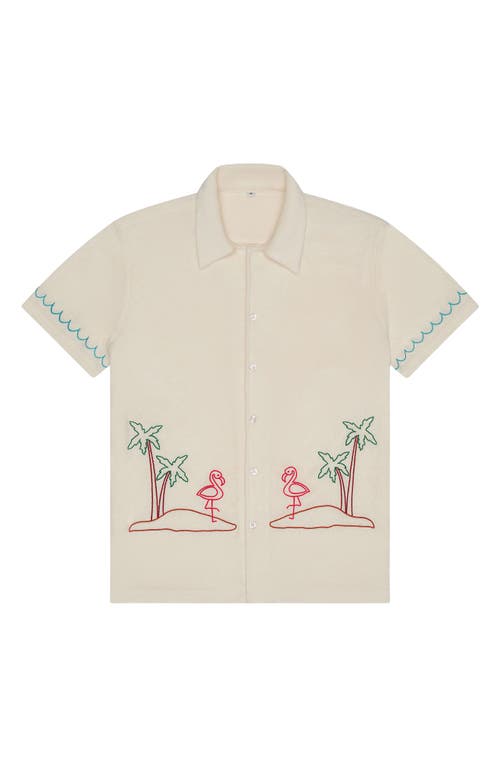 Flamingo Beach Terry Cloth Short Sleeve Button-Up Shirt in Ivory Multi