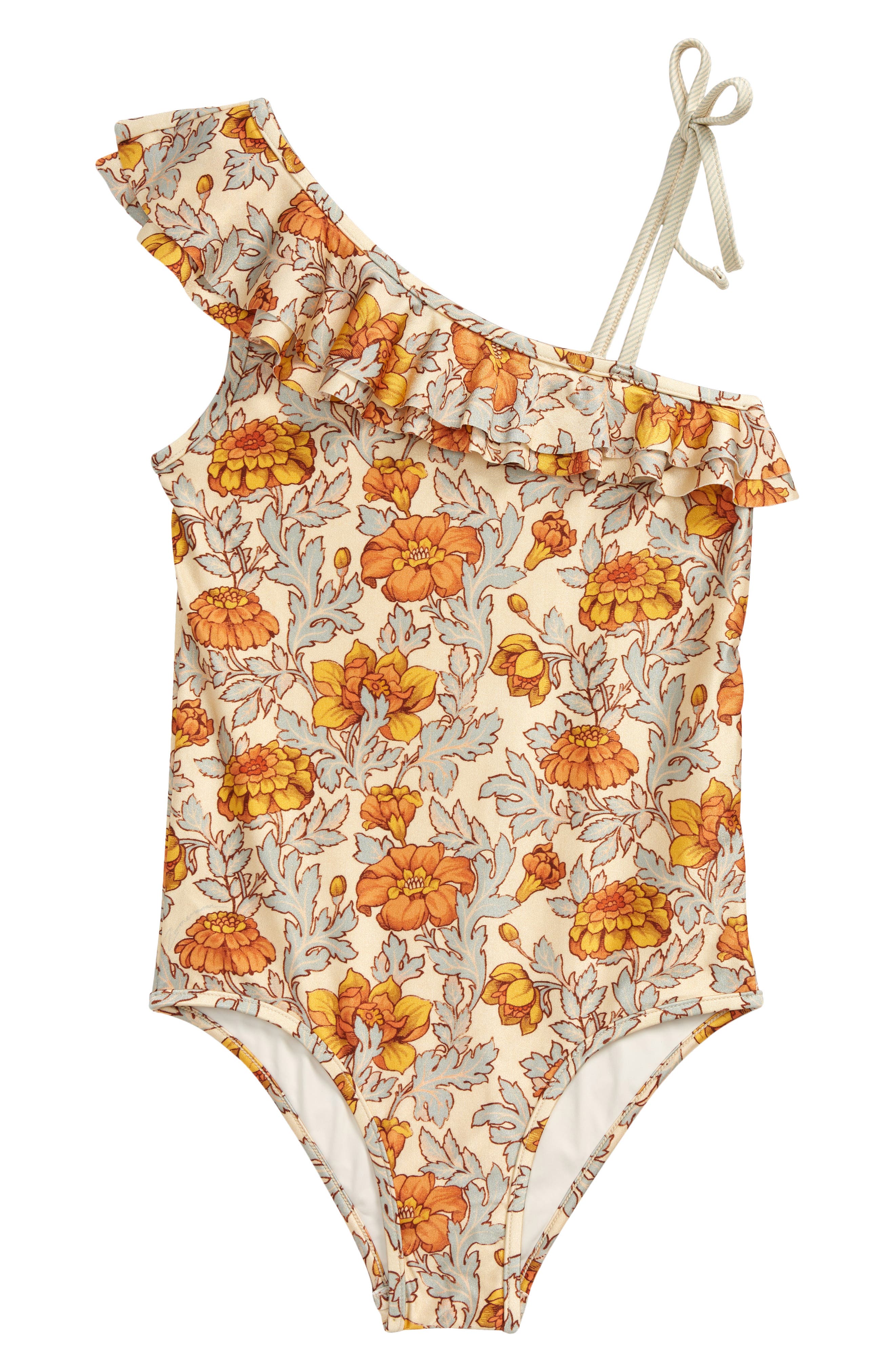Zimmermann Kids' Andie Frill One-Shoulder One-Piece Swimsuit in Cream Blue Floral at Nordstrom, Size 1Y Us