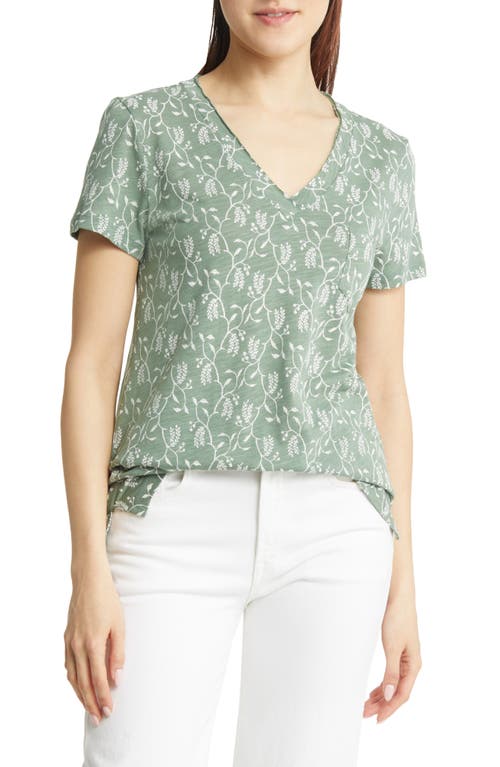 caslon(r) V-Neck Short Sleeve Pocket T-Shirt in Green Dune- Ivory Vines